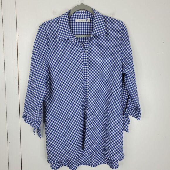 Susan Graver Gingham Button Down Shirt Textured Tie Sleeve Preppy Womens 10 - Picture 1 of 10